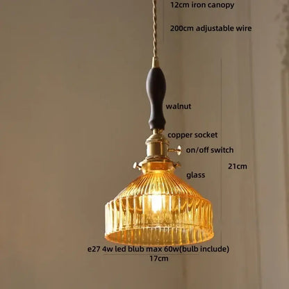 Vintage brass amber glass led pendant light kitchen ribbed shade