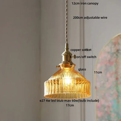 Vintage brass amber glass led pendant light kitchen ribbed shade