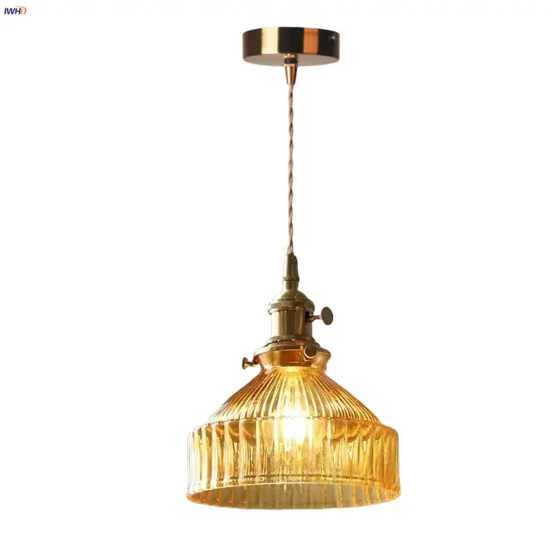 Vintage brass amber glass led pendant light kitchen ribbed shade