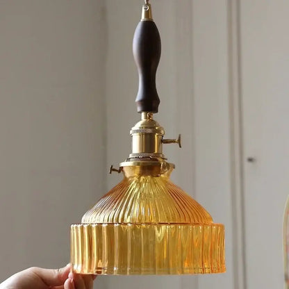 Vintage brass amber glass led pendant light kitchen ribbed shade