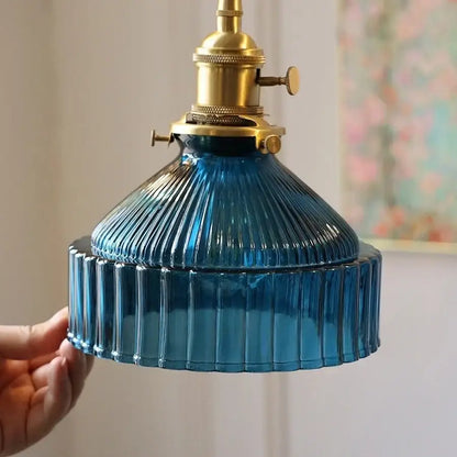 Vintage brass amber glass led pendant light kitchen ribbed shade