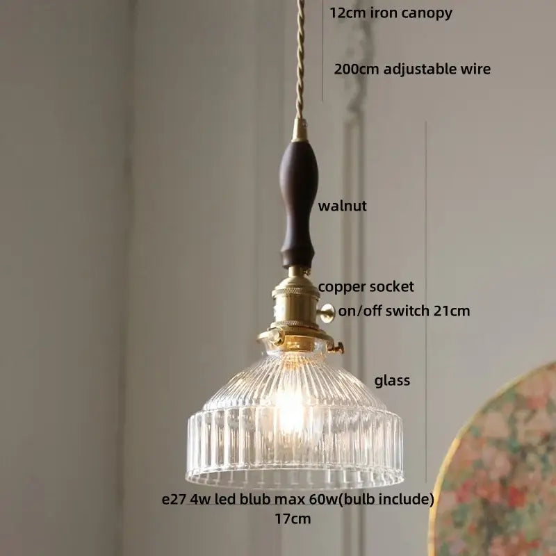 Vintage brass amber glass led pendant light kitchen ribbed shade