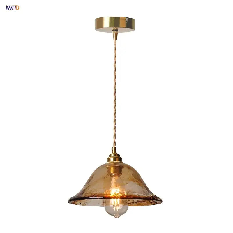 Vintage amber glass pendant light dining room brass fixture