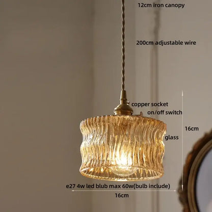 Amber glass led pendant light kitchen embossed diamond pattern