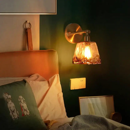 Minimalist amber glass and gold led wall lamp bedroom pull chain