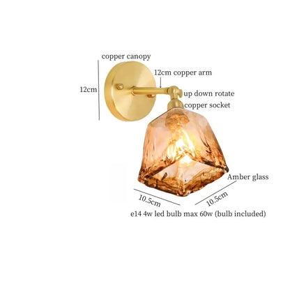 Minimalist amber glass and gold led wall lamp bedroom pull chain