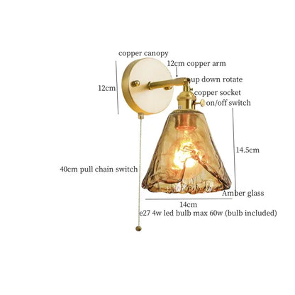 Minimalist amber glass and gold led wall lamp bedroom pull chain