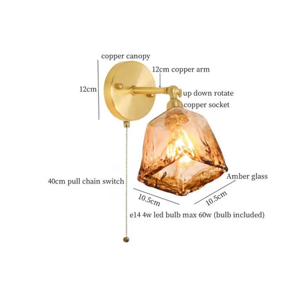 Minimalist amber glass and gold led wall lamp bedroom pull chain