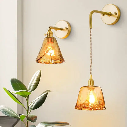 Minimalist amber glass and gold led wall lamp bedroom pull chain
