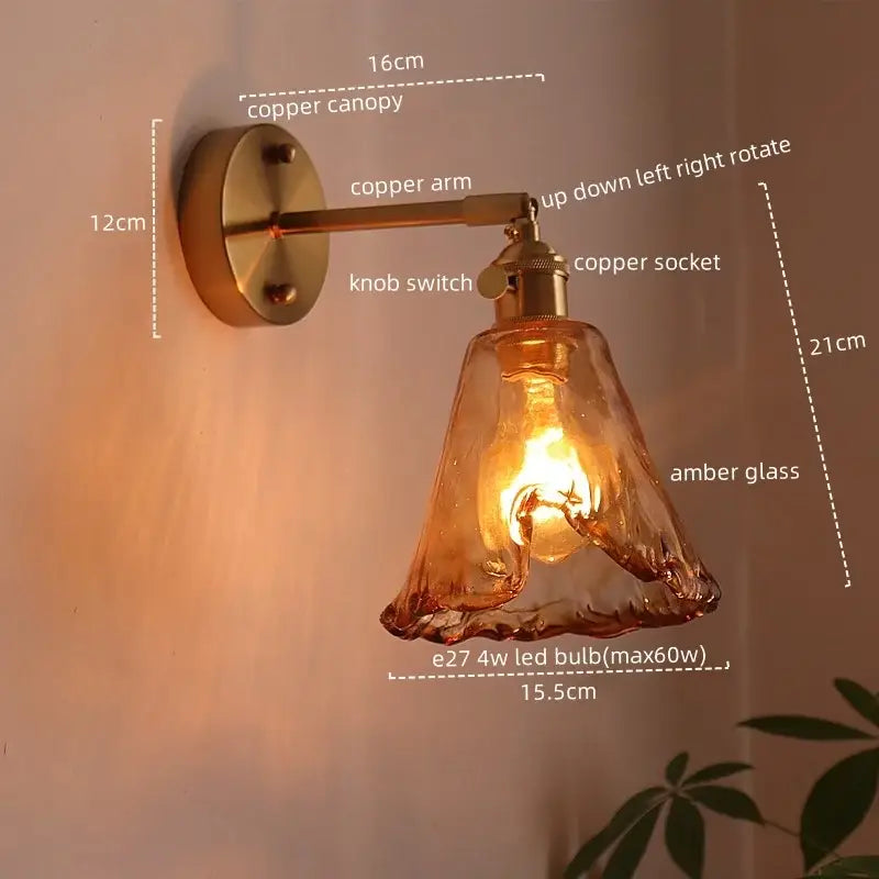 Brass brass amber glass led wall lamps for living room