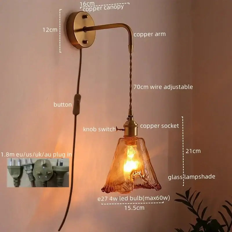 Brass brass amber glass led wall lamps for living room