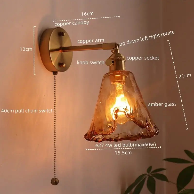 Brass brass amber glass led wall lamps for living room