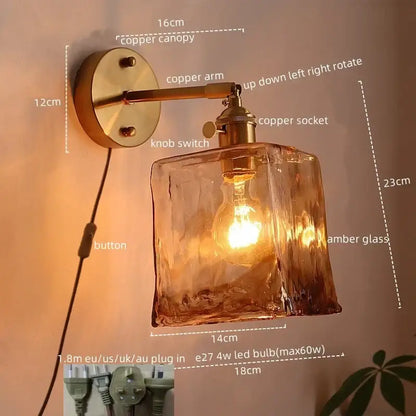 Brass brass amber glass led wall lamps for living room