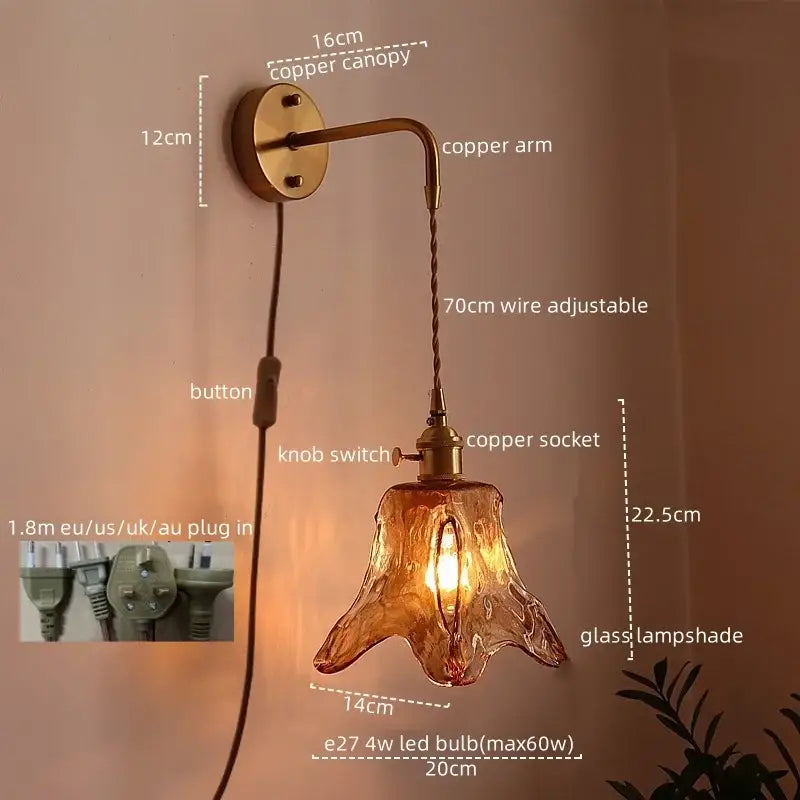 Brass brass amber glass led wall lamps for living room