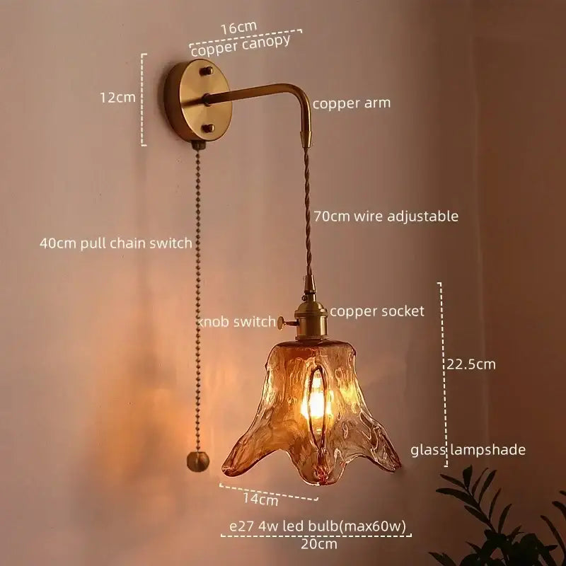Brass brass amber glass led wall lamps for living room