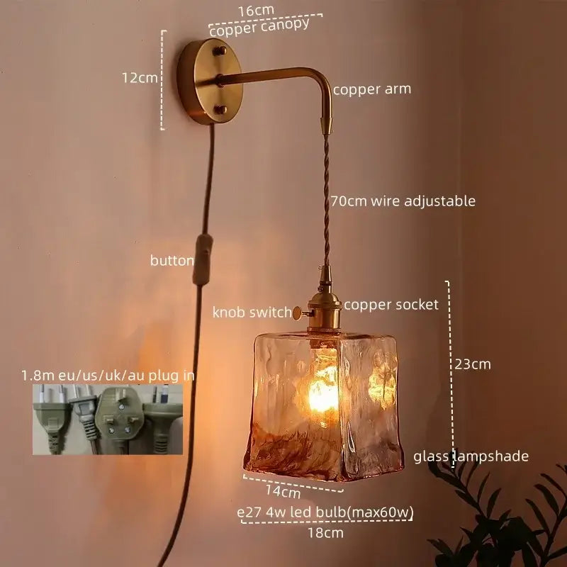 Brass brass amber glass led wall lamps for living room
