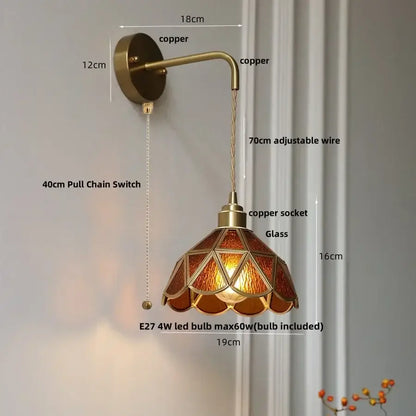 Antique brass amber glass led wall light for bedroom staircase