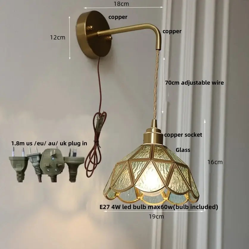 Antique brass amber glass led wall light for bedroom staircase