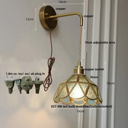 Antique brass amber glass led wall light for bedroom staircase