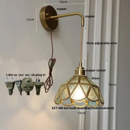 Antique brass amber glass led wall light for bedroom staircase