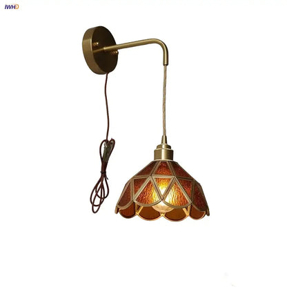 Antique brass amber glass led wall light for bedroom staircase