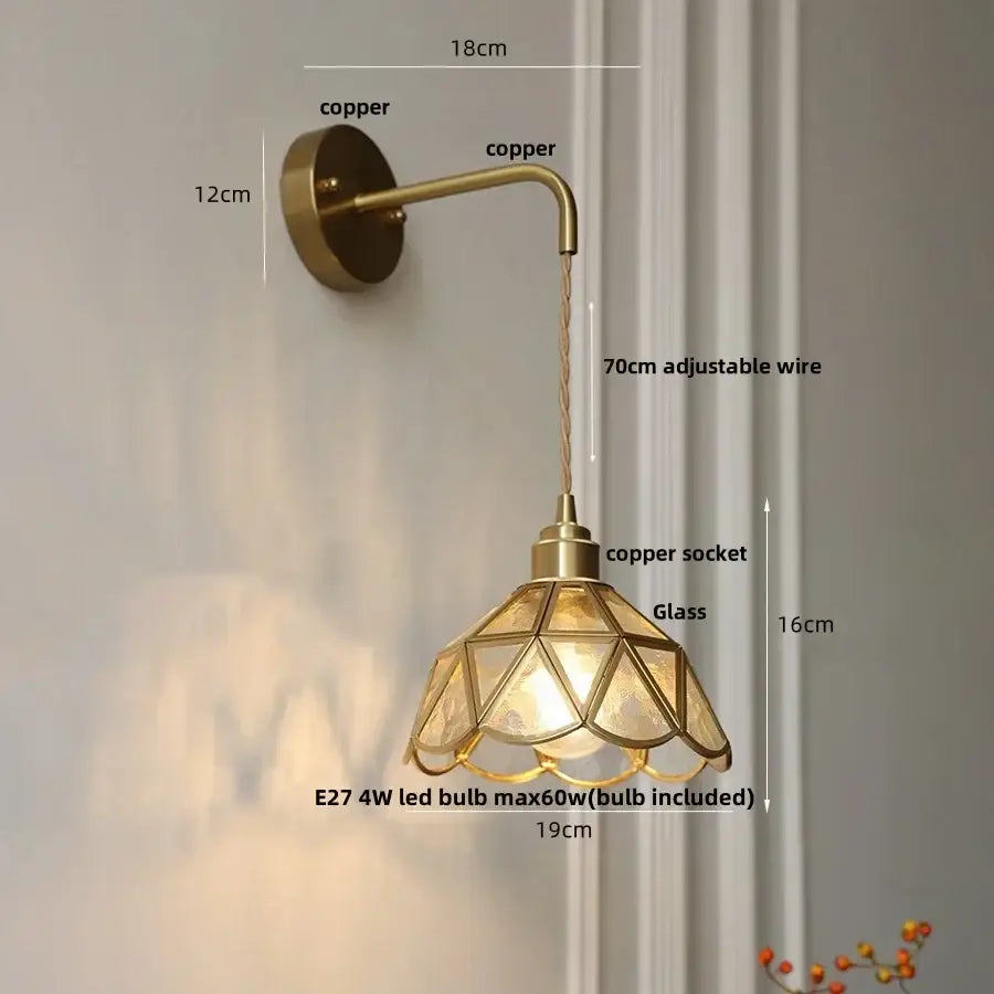 Antique brass amber glass led wall light for bedroom staircase