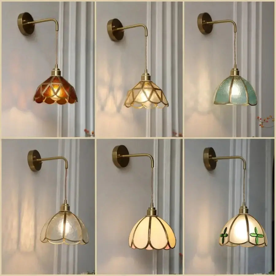 Antique brass amber glass led wall light for bedroom staircase