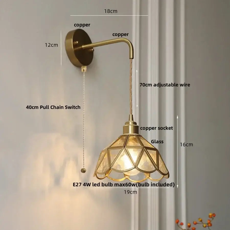 Antique brass amber glass led wall light for bedroom staircase