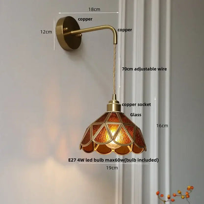 Antique brass amber glass led wall light for bedroom staircase