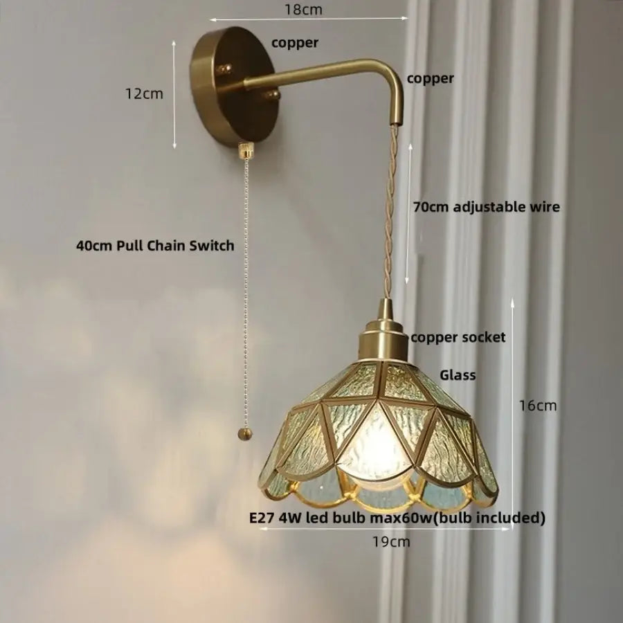 Antique brass amber glass led wall light for bedroom staircase