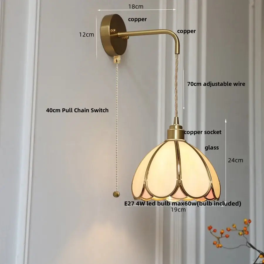 Antique brass amber glass led wall light for bedroom staircase