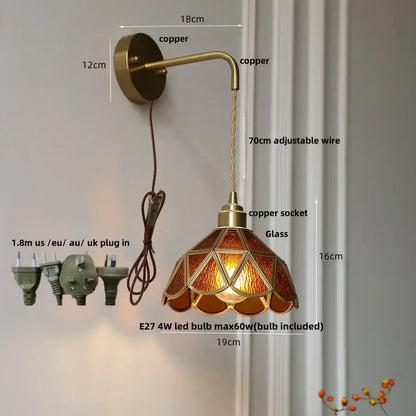 Antique brass amber glass led wall light for bedroom staircase