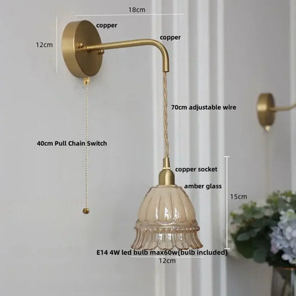Antique brass flower glass led wall light – bedroom sconce