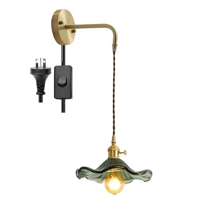Antique brass amber glass led wall sconce for bedroom lighting