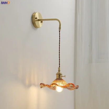 Antique brass amber glass led wall sconce for bedroom lighting