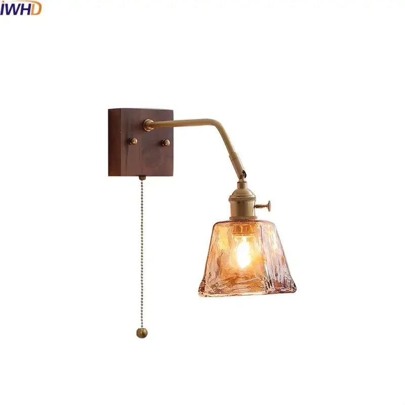 Antique brass amber glass wall sconce adjustable bedroom reading lamp