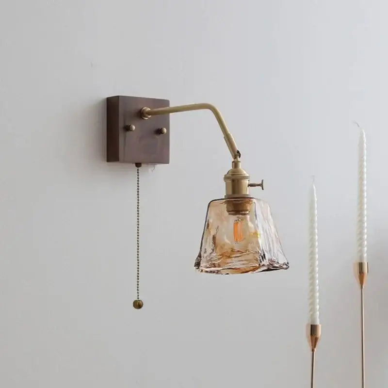 Antique brass amber glass wall sconce adjustable bedroom reading lamp