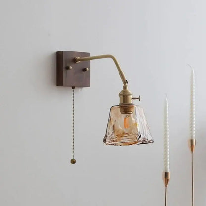 Antique brass amber glass wall sconce adjustable bedroom reading lamp