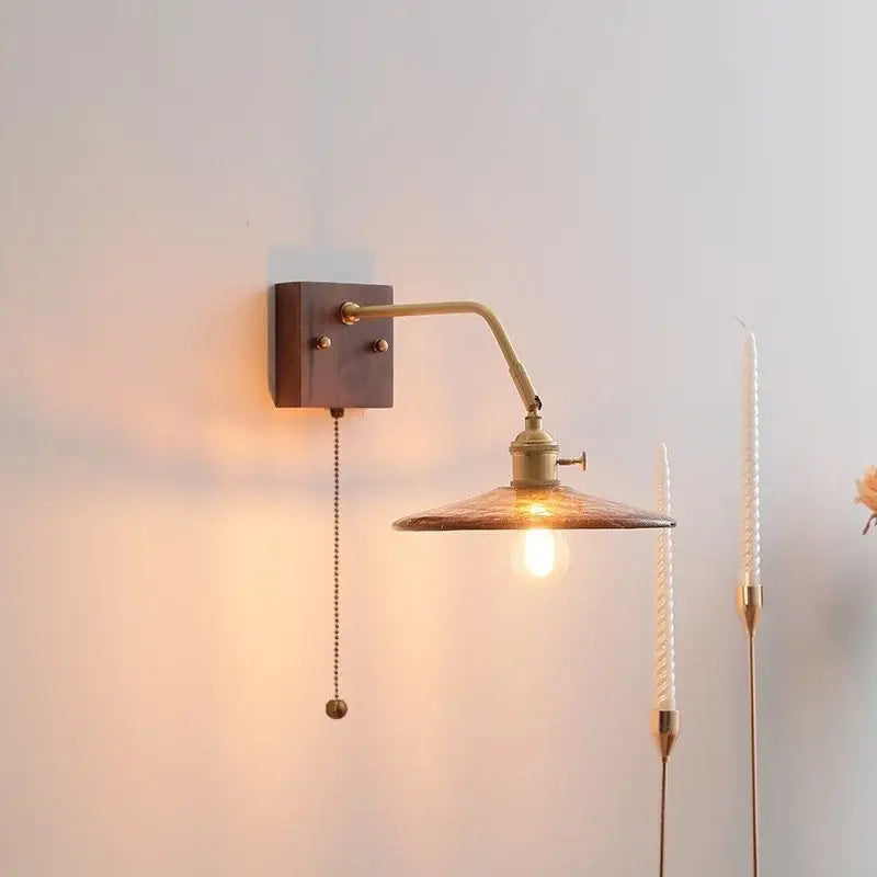 Antique brass amber glass wall sconce adjustable bedroom reading lamp