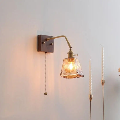 Antique brass amber glass wall sconce adjustable bedroom reading lamp