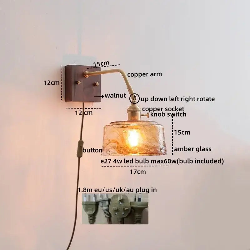 Antique brass amber glass wall sconce adjustable bedroom reading lamp