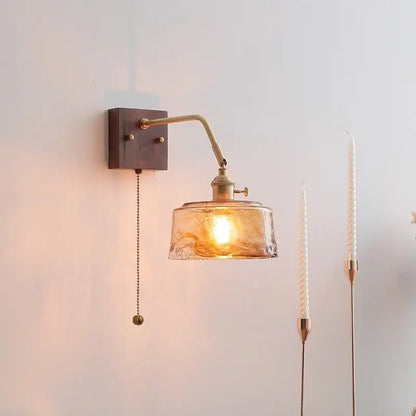 Antique brass amber glass wall sconce adjustable bedroom reading lamp