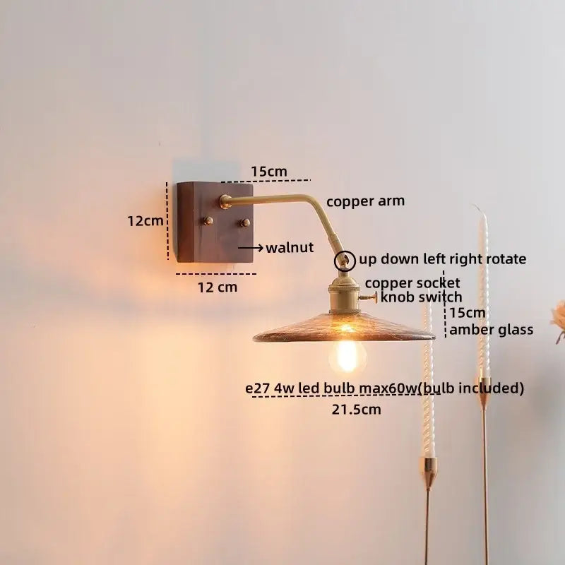 Antique brass amber glass wall sconce adjustable bedroom reading lamp