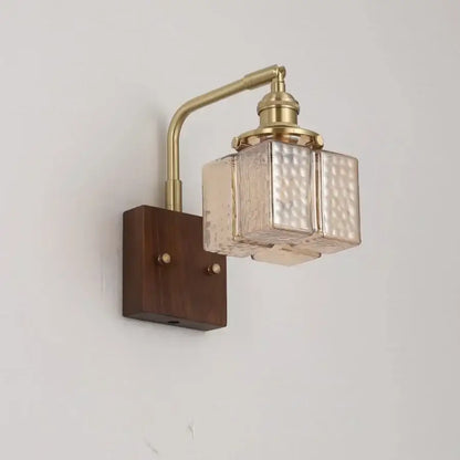 Amber glass and walnut wood wall sconce with pull chain living room