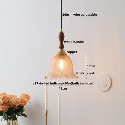 Modern amber glass pendant light with wood handle dining room