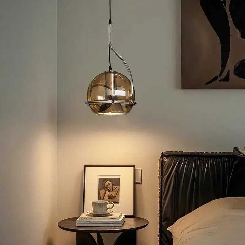 Industrial amber glass and chrome pendant light kitchen chandelier