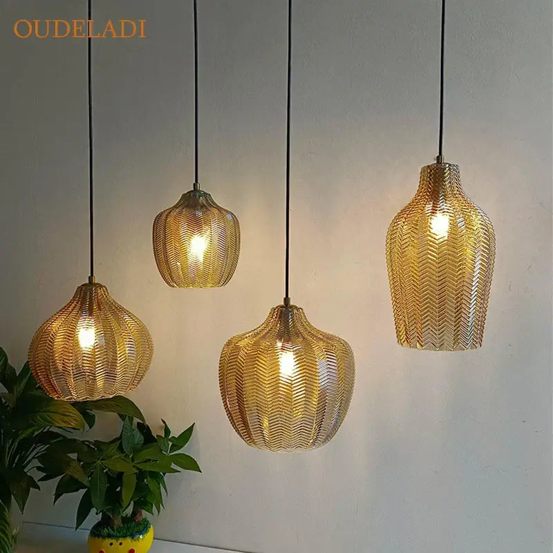 Woven gold chevron glass pendant lights for kitchen dining room