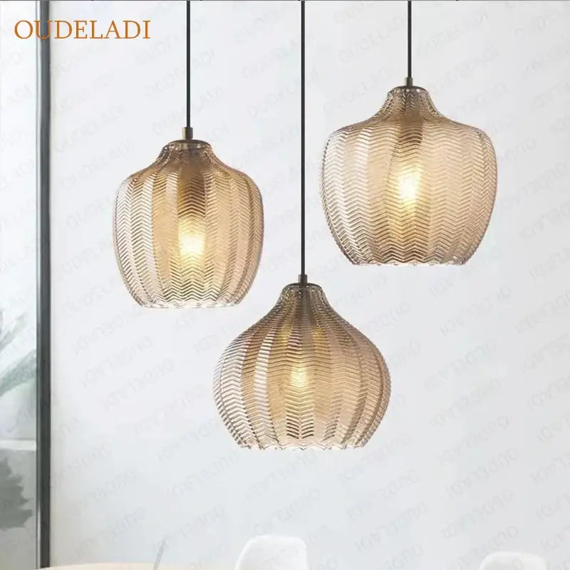 Woven gold chevron glass pendant lights for kitchen dining room