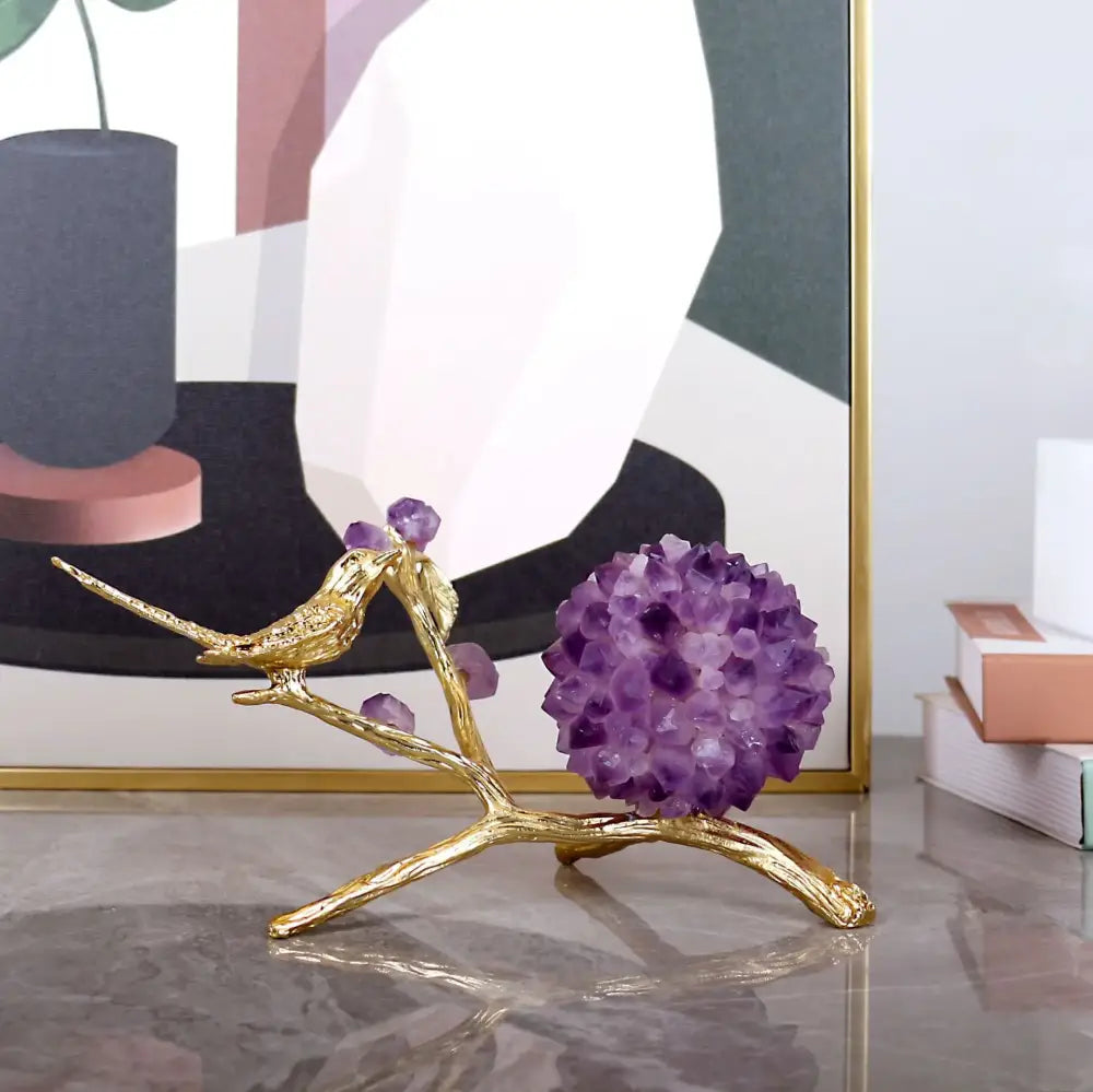 Amethyst flower ball bird sculpture gold office desk decor