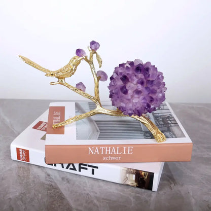 Amethyst flower ball bird sculpture gold office desk decor